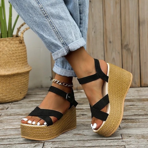 Shoes - #99 LAST 1! Black Buckle Wedge Platform Heel Shoes